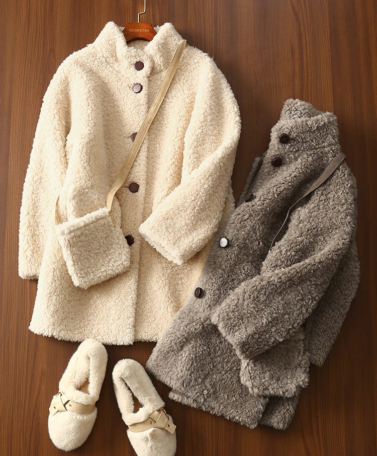 TLW黄油吐司羊羔毛立领单排扣羊剪绒大衣女仿皮毛一体外套冬+包包