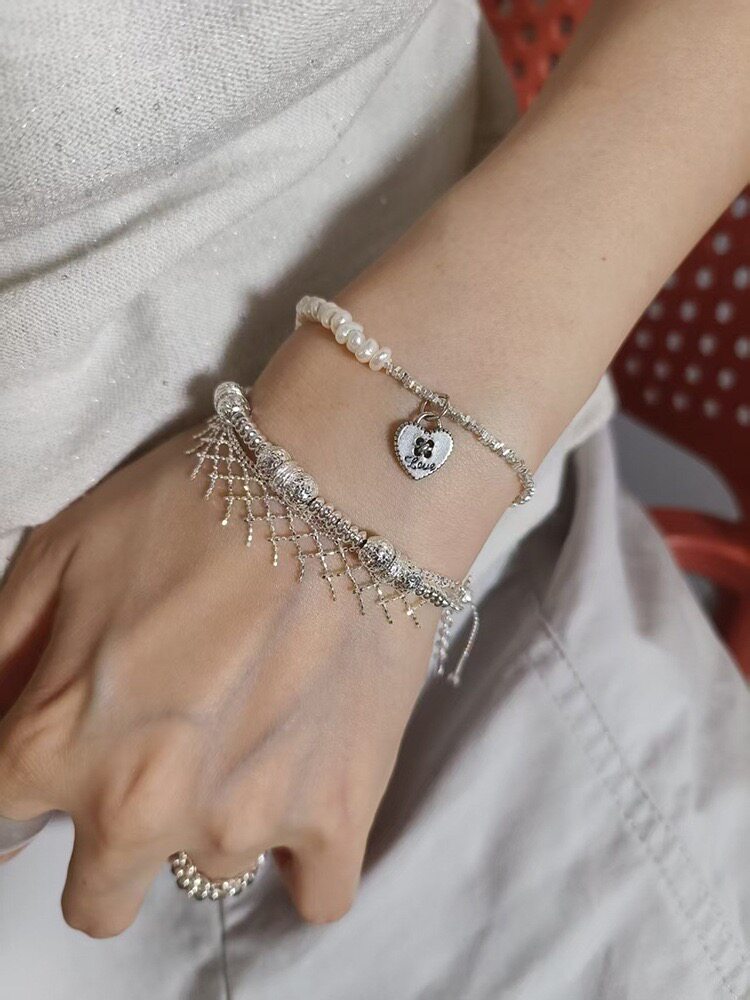 925银轻奢简约小众碎银子珍珠弹力绳白水晶手链项链时尚设计感