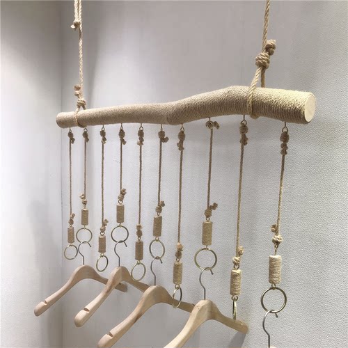 服装店展示架吊顶架悬挂女装陈列吊架衣架麻绳木棍吊杆橱窗吊挂