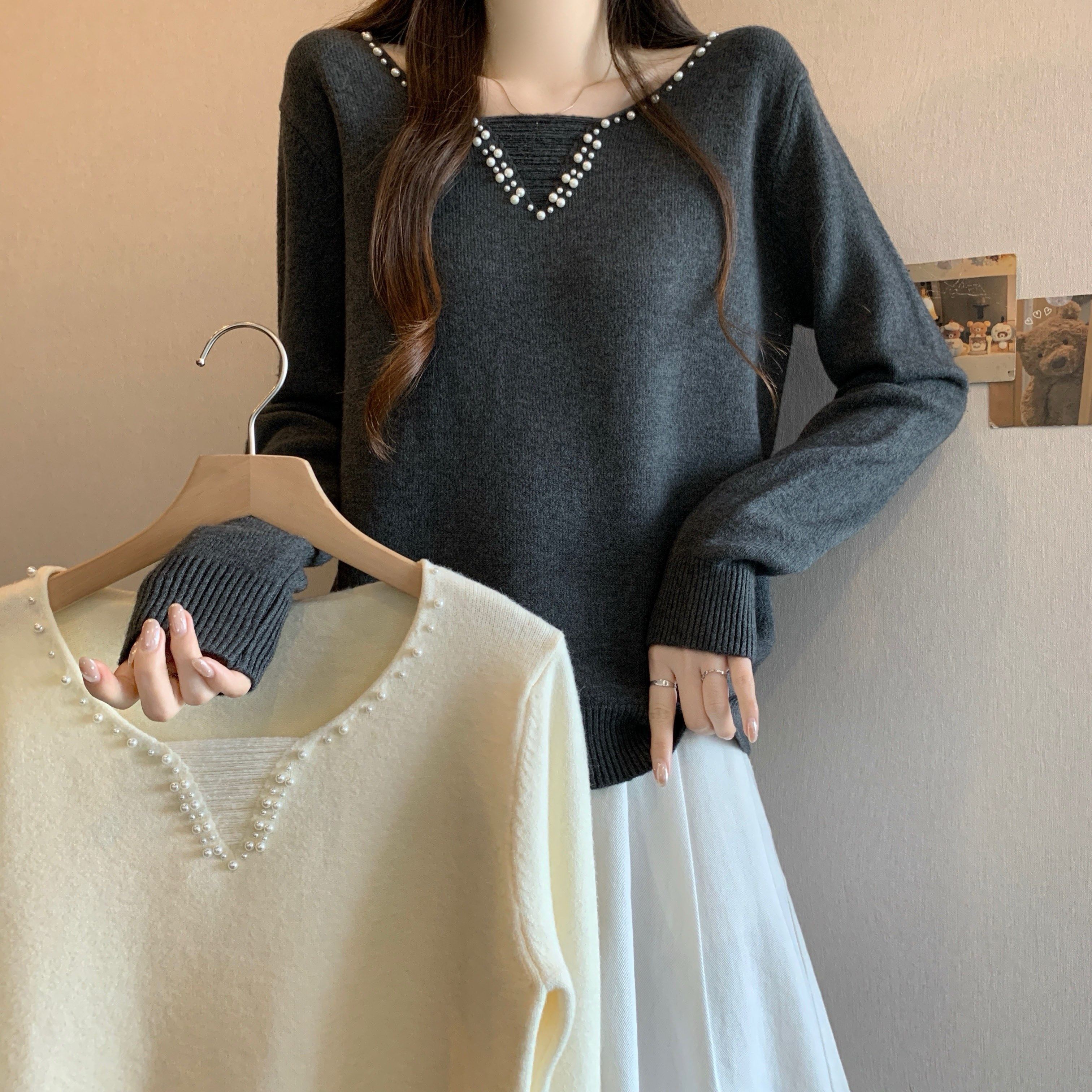 实拍大码春秋温柔慵懒风V领珍珠装饰女胖MM百搭打底衫针织上衣,女装/女士精品,大码内搭,淘宝优惠券,粉丝福利购,淘宝优惠卷