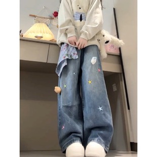 牛仔裤简约巴鲁米魔城女趣味小羊刺绣直筒裤子显瘦阔腿长裤新款