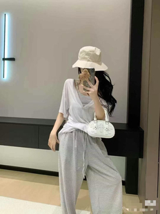 2025夏季 女休閑V領露背短袖 防曬T恤美背條紋闊腿褲 運動三件套 新款