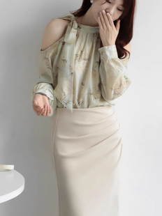 氣質氣質露肩碎花雪紡綁帶防曬長袖 2025夏季 新款 女法式 24202 襯衫