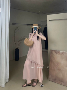 氣質(zhì)慵懶風拼接花邊寬松連衣裙短袖 2025夏季 新款 女法式 裙6667 大碼