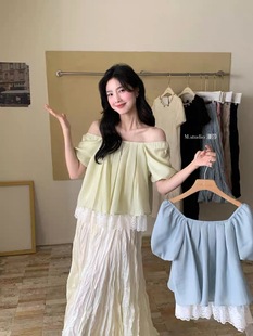 2025夏季 拼接蕾絲假兩件襯衫 上衣女小眾別致泡泡袖 襯衣8158 新款