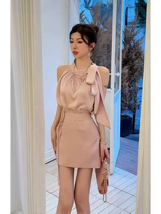 2025夏季 名媛小香風一整套粉色無袖 掛脖上衣半身裙套裝 女2189 新款