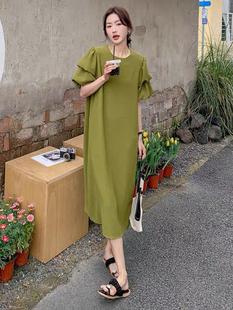 寬松大碼 2025夏季 新款 女時尚 連衣裙腰帶長裙胖mm 顯瘦設計感泡泡袖
