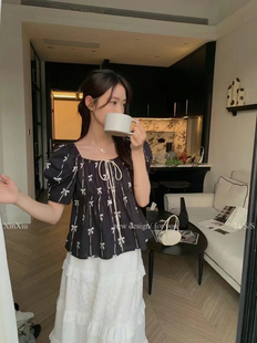 蝴蝶結綁帶方領泡泡袖 2025夏季 新款 女法式 上衣設計感小眾上衣 襯衫
