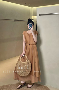 2025夏季 女法式 氣質寬松顯瘦設計感小眾拼接連衣裙 腰帶6734 新款