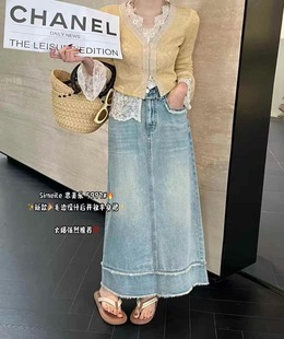 女韓系時尚 高腰顯瘦毛邊設計感后開叉牛仔半身裙5997 新款 2025夏季