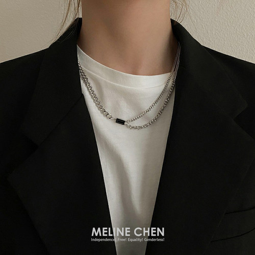 MELINE 黑色古巴双层小众设计感高级欧美潮牌ins情侣简约个性嘻哈