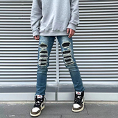 欧美BIKER高街kanye膝盖破洞牛仔裤 黑 小脚裤 补丁休闲潮流男士 修身
