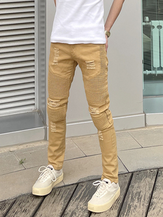 BIKER 欧美高街机车皱褶破洞休闲裤 小脚裤 修身 JEANS 弹力潮流男士