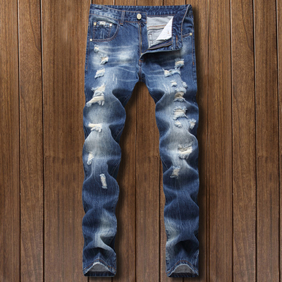 潮牌破洞宽松直筒蓝色牛仔裤