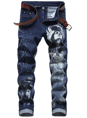 秋冬男士潮流个性印花狼头修身裤韩版泼墨休闲蓝色直筒牛仔裤弹力