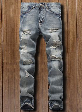 潮牌韩版男士破洞牛仔裤复古怀旧青年休闲直筒修身裤子大码乞丐裤