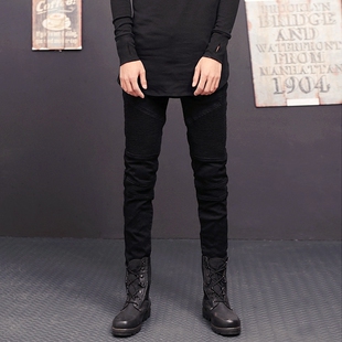 JEANS欧美高街机车褶皱牛仔裤 小脚裤 潮流男士 弹力修身 大码 BIKER