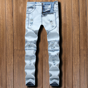 直筒裤 拼接破洞牛仔裤 男装 BIKER弹力修身 高街潮流男士 裤 浅蓝个性