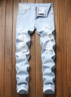 潮牌破洞牛仔裤男直筒韩版浅色休闲宽松长裤乞丐裤百搭大码修身裤