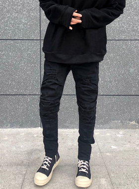 欧美潮牌FOG破洞牛仔裤补丁男士修身休闲长裤潮流高街小脚裤黑色