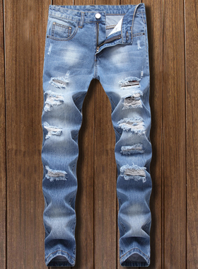 春夏浅蓝破洞牛仔裤直筒韩版男士修身长裤潮流青年刮烂乞丐裤子男