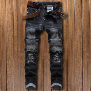 小脚裤 欧美潮流机车褶皱破洞牛仔裤 弹力修身 休闲直筒裤 BIKER男款