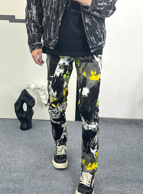 欧美男士牛仔印花裤弹力修身小脚裤原创潮牌花裤子休闲百搭直筒裤