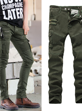 欧美潮男BIKER褶皱小脚休闲裤弹力高街多口袋拉链机车修身工装裤