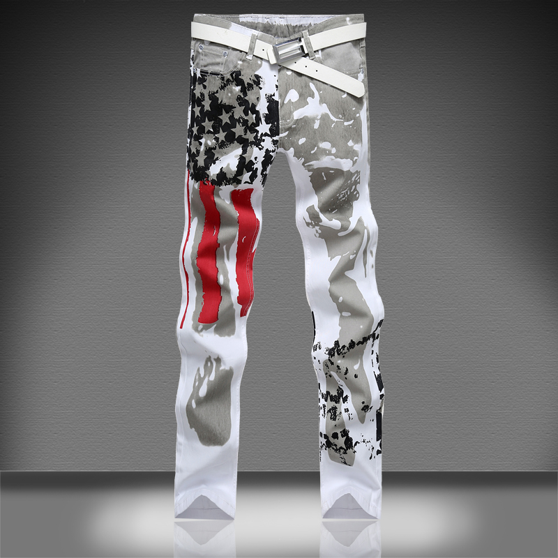 欧美潮男个性彩绘国旗印花牛仔裤男装直筒修身大码裤弹力夜店花裤