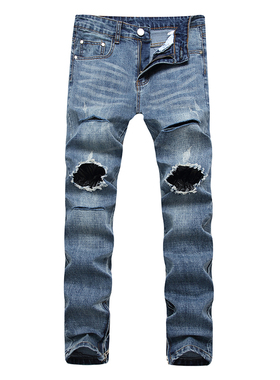 潮牌FOG破洞牛仔裤男修身长裤潮流高街内侧拉链小脚裤子蓝色