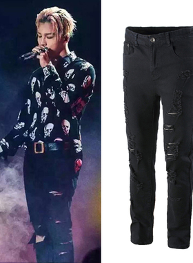 EXO权志龙同款JEANS高街潮男膝盖破洞小脚牛仔裤刀割弹力乞丐裤子