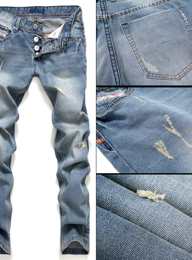 欧美潮男复古直筒长裤贝克汉姆同款纽扣修身破洞牛仔裤青年大码裤