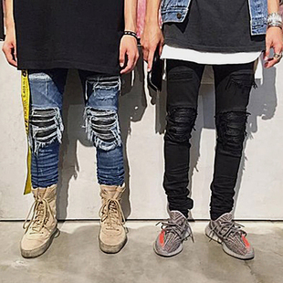 小脚裤 休闲修身 黑色弹力 补丁男士 FOG潮流BIKER高街膝盖破洞牛仔裤