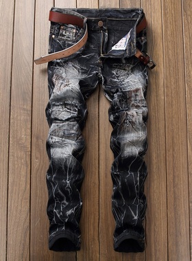 欧美男士原创破洞绣花补丁直筒牛仔裤韩版潮流修身剌绣乞丐长裤