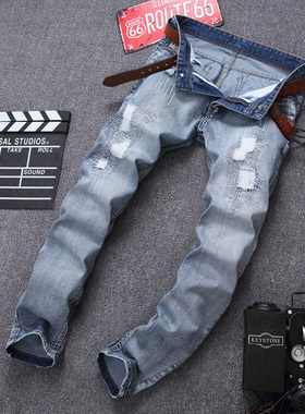 贝克汉姆同款潮男绣花破洞牛仔裤男装青年补丁直筒修身大码长裤
