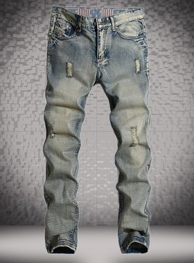 贝克汉姆同款破洞牛仔裤男欧美潮牌直筒修身长裤潮流怀旧乞丐裤子