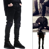 黑色长裤 潮流美式 弹力休闲修身 小脚裤 高街FOG膝盖破洞牛仔裤 男士