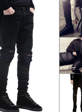 潮流美式高街FOG膝盖破洞牛仔裤男士弹力休闲修身小脚裤黑色长裤