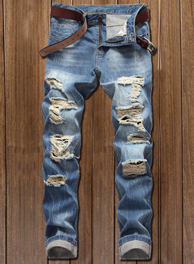 潮牌破洞牛仔裤男修身韩版潮流休闲乞丐裤子青年百搭宽松长裤浅蓝