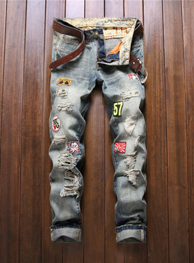 欧美男士直筒破洞补丁牛仔裤潮流青年修身乞丐裤男装徽章个性裤子