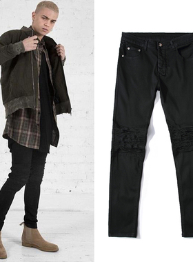 欧美FOG高街破洞牛仔裤补丁潮流黑色百搭男士休闲修身小脚裤弹力