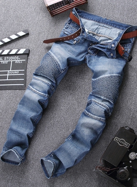 欧美潮男高街BIKER JEANS机车褶皱口袋拉链弹力修身小脚牛仔裤