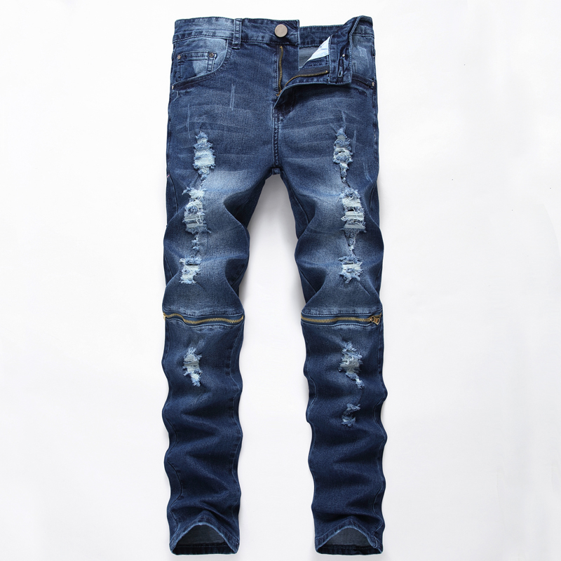 欧美男士高街膝盖拉链破洞牛仔裤