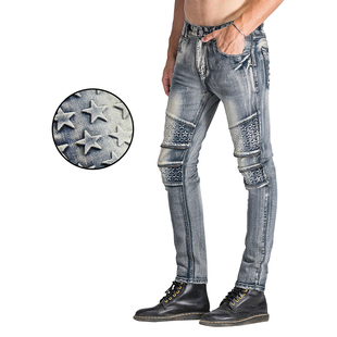 小脚裤 欧美潮流泼墨牛仔裤 JEANS弹力休闲修身 欧美BIKER 直筒长裤