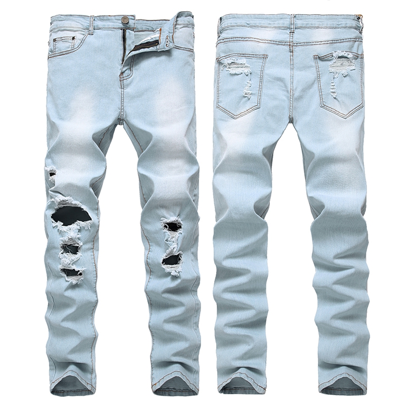 浅蓝破洞牛仔裤修身小脚