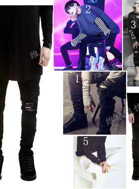 欧美高街潮流FOG膝盖破洞牛仔裤男士百搭休闲修身弹力小脚裤黑色