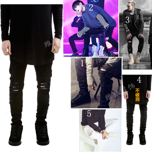 弹力小脚裤 百搭休闲修身 黑色 男士 欧美高街潮流FOG膝盖破洞牛仔裤