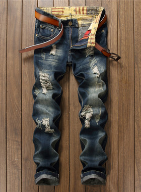 潮牌男士宽松破洞牛仔裤补丁休闲男装直筒修身长裤复古韩版乞丐裤