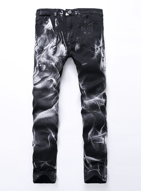 潮流男士个性狼头3D图案印花弹力修身牛仔裤青年夜店彩绘花裤子黑