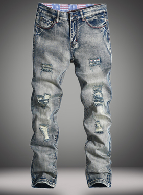 欧美原创男士直筒破洞牛仔裤怀旧潮流青年休闲修身长裤复古乞丐裤